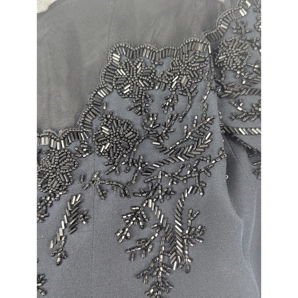 Oleg Cassini Black Tie Silk Beaded Illusion Dress Black Long Sleeve Size 8 - Picture 6 of 16